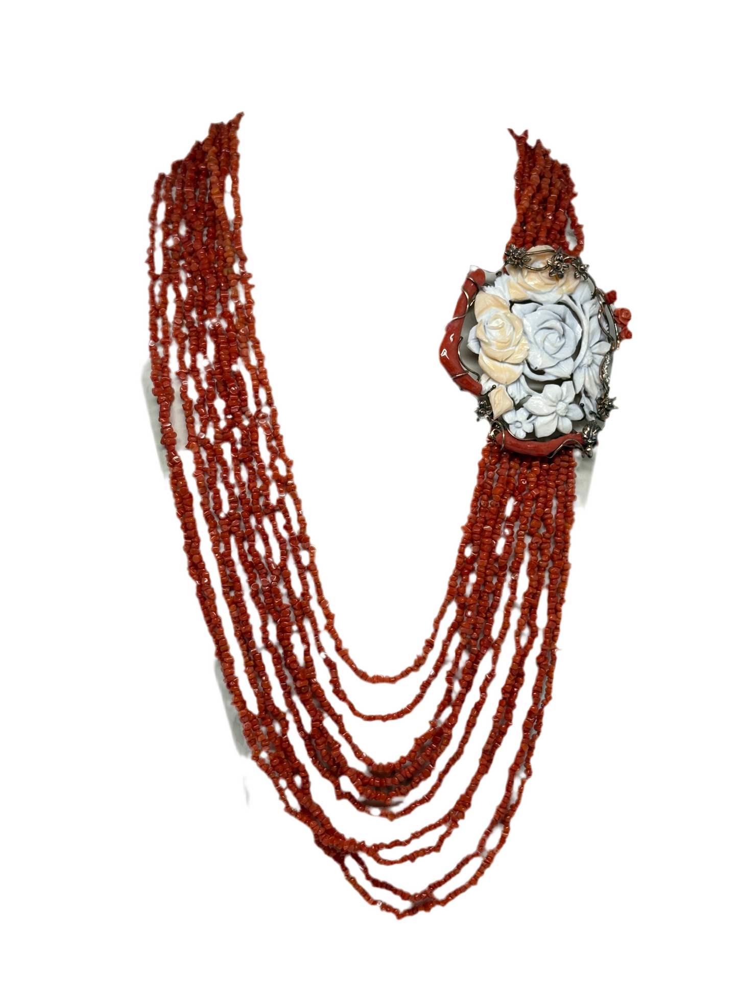 Collana in Corallo Rosso con Cammeo Incisione Fiori