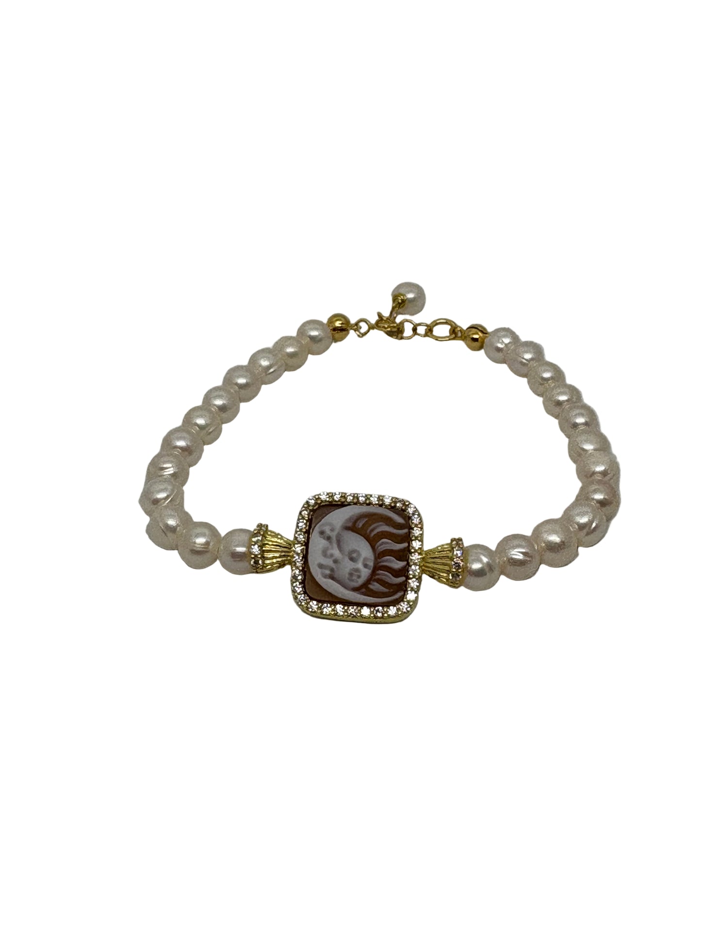 Bracciale in Perle e Cammeo Incisione "Sole Luna"