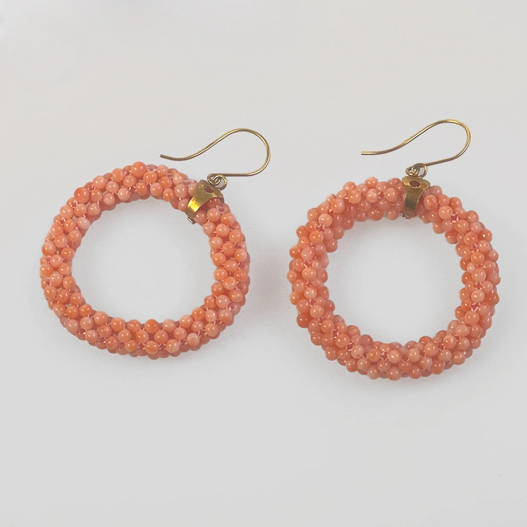 Coral and Gold Woven Hoop Earrings