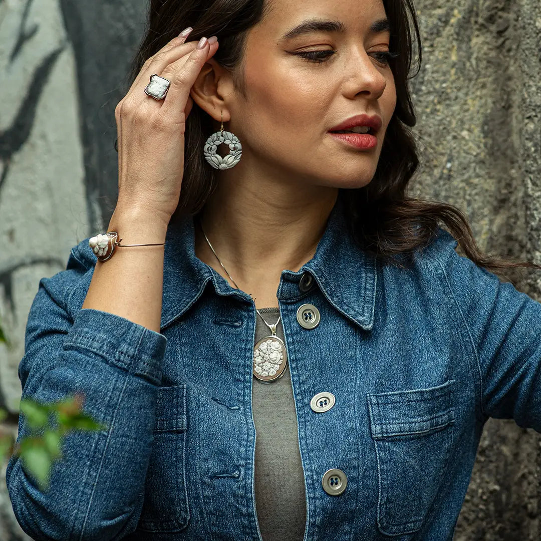 Cameo Flower Earrings with Gold