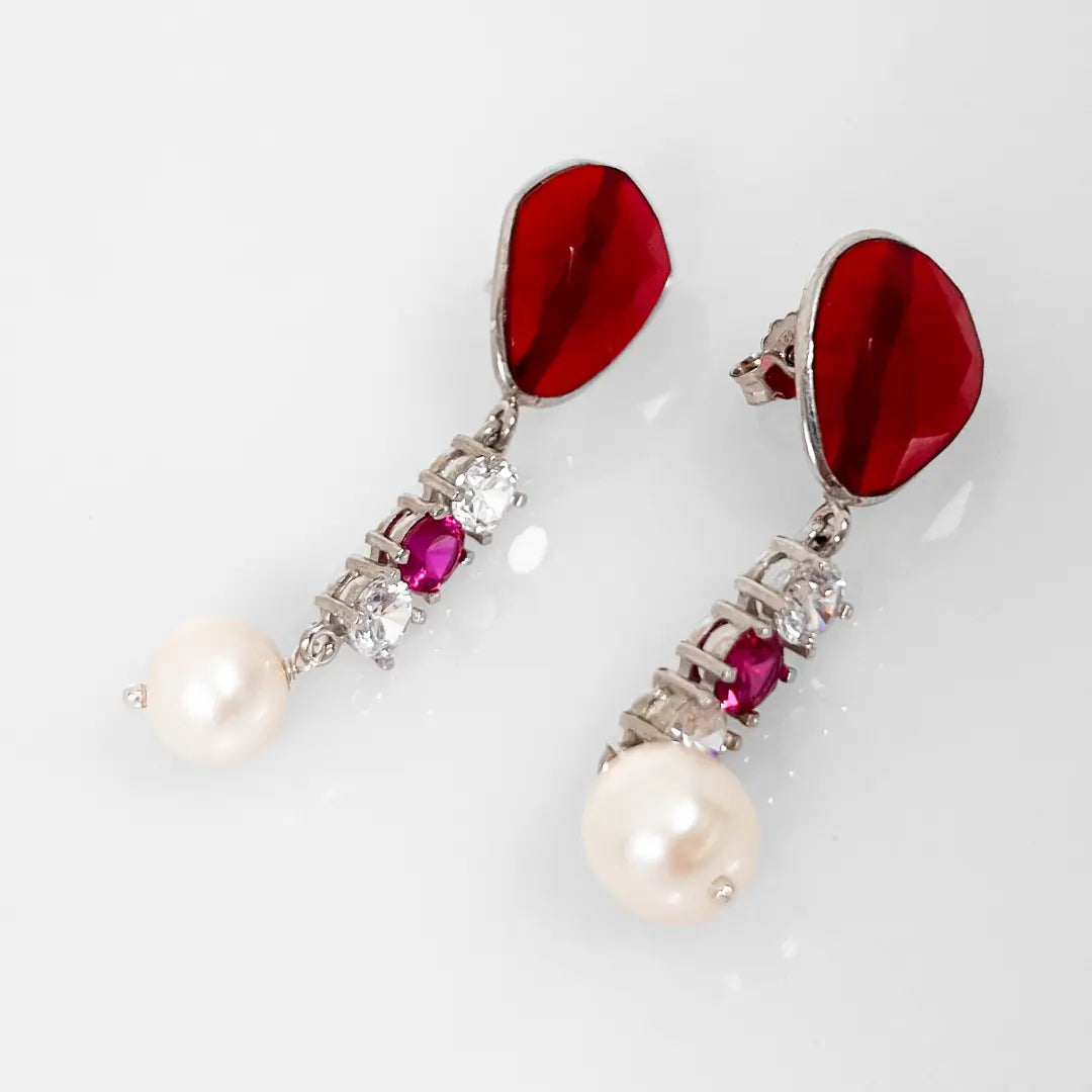 Fantasy Silver Earrings with Stone, Crystals and Pearls