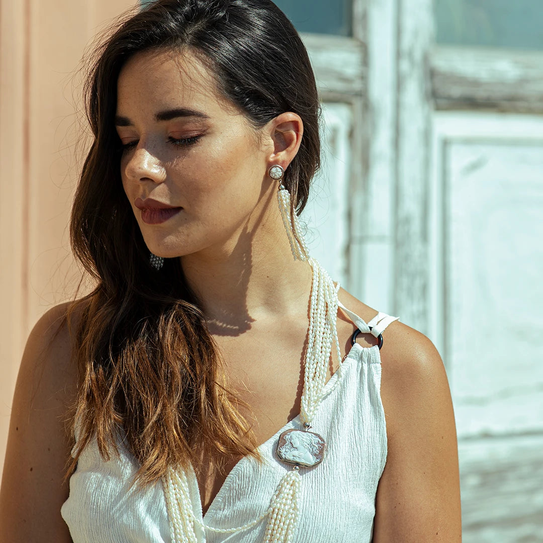 Pearl Necklace with Artistic Cameo Profile Woman
