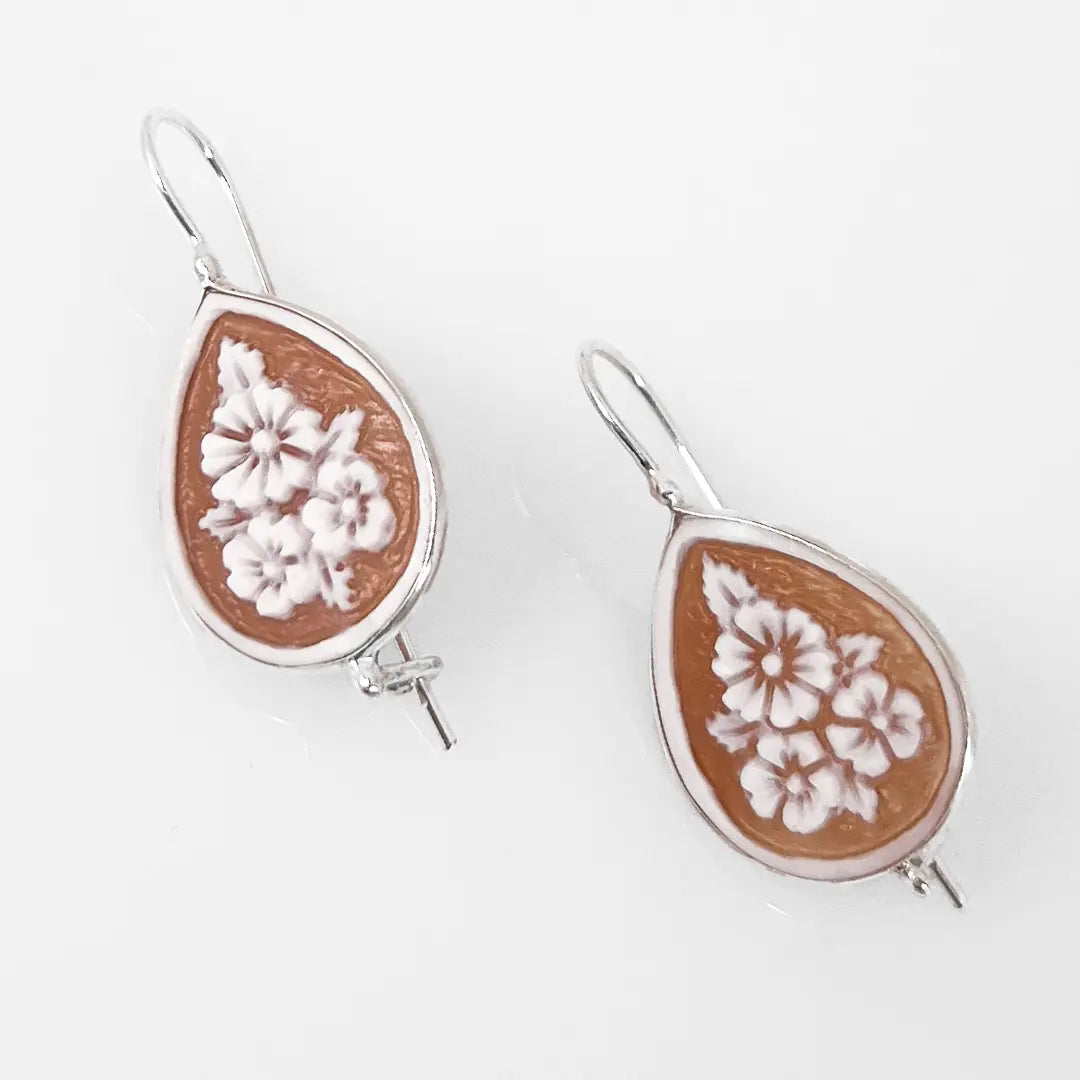 Drop Shaped Cameo Flower Earrings