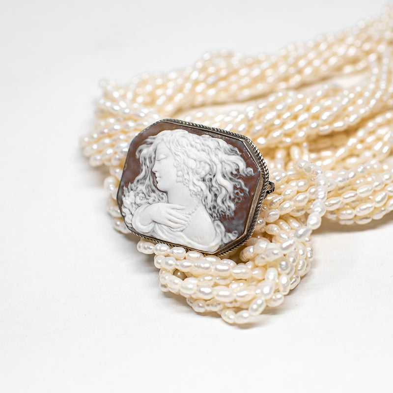 Pearl Necklace with Artistic Cameo Profile Woman