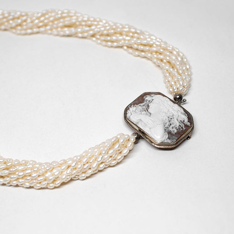 Pearl Necklace with Artistic Cameo Profile Woman