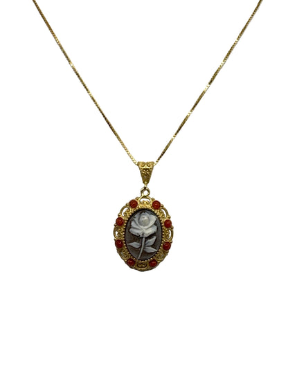 Collana in Cammeo e Corallo incisione Fiore