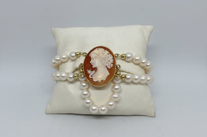 Bracciale in Perle e Cammeo incisione "Profilo di Donna"