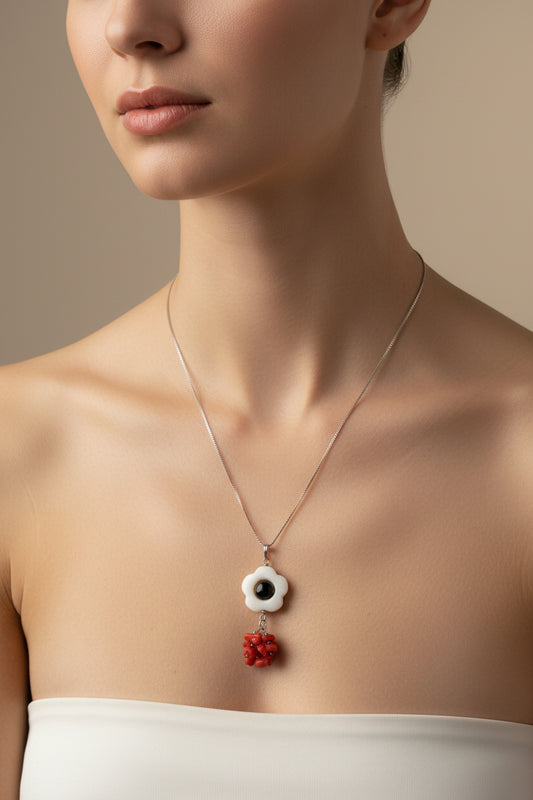 Collana in Argento con Pendente in Corallo e Agata