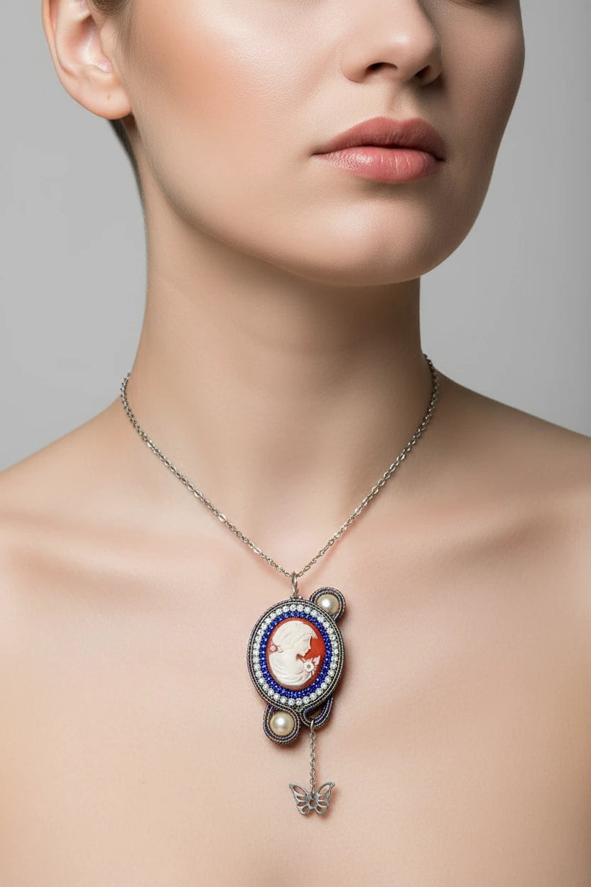 Silver Necklace with Pendant Soutache with Cameo Profile Woman