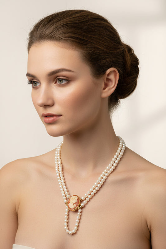 Collana in Perle e Cammeo incisione "Profilo di Donna"