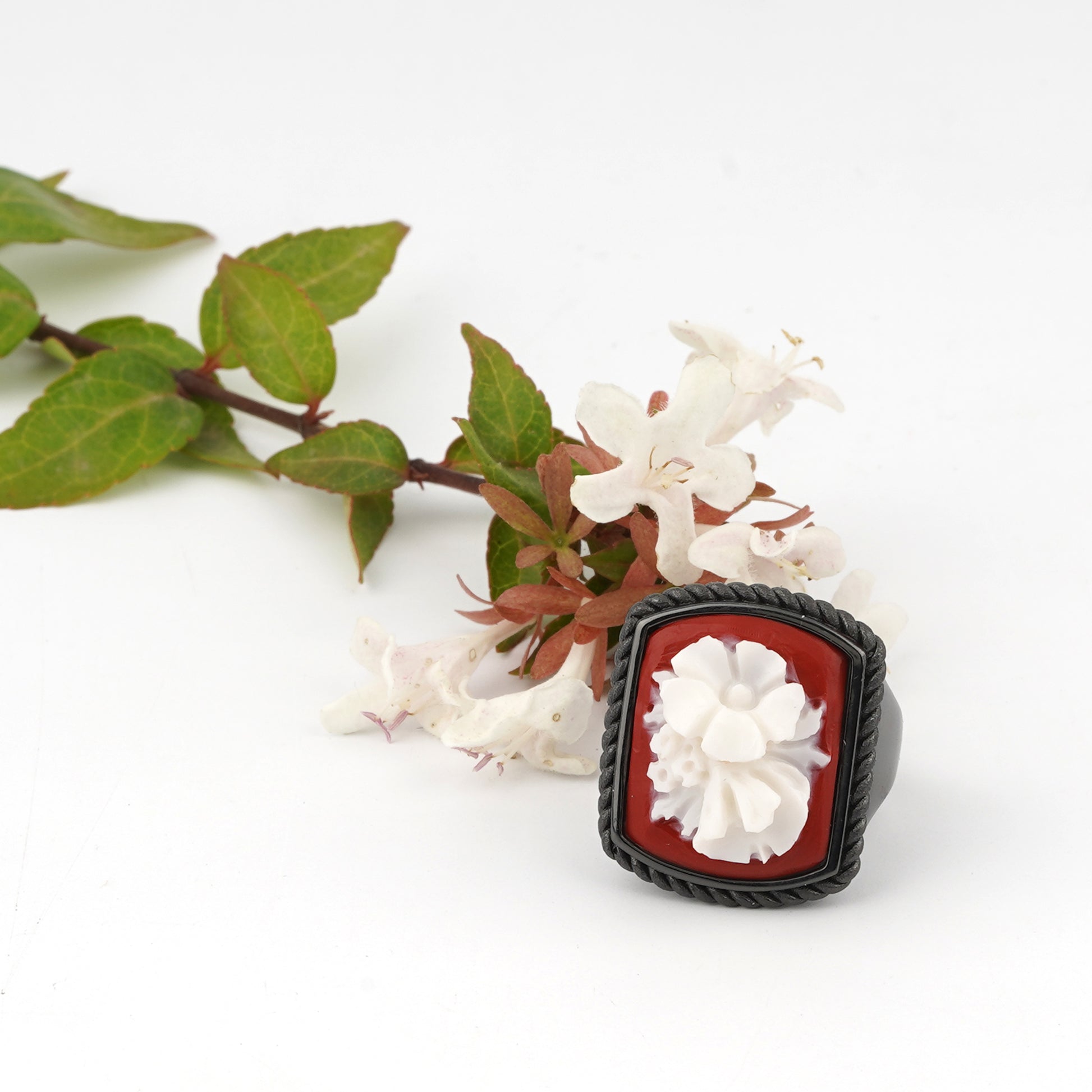 Anello-Cameo-Italiano-Raffaello-Cammeo-Bouquet-Rodio-Nero-