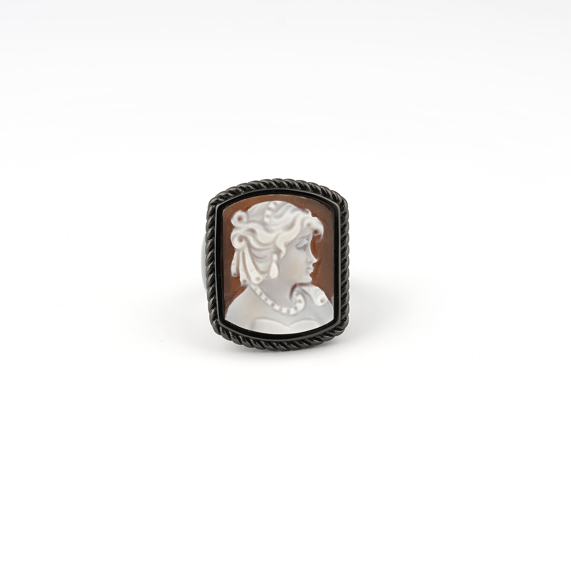 Anello-Cameo-Italiano-Raffaello-Cammeo-Profilo-Donna-Rodio-Nero-