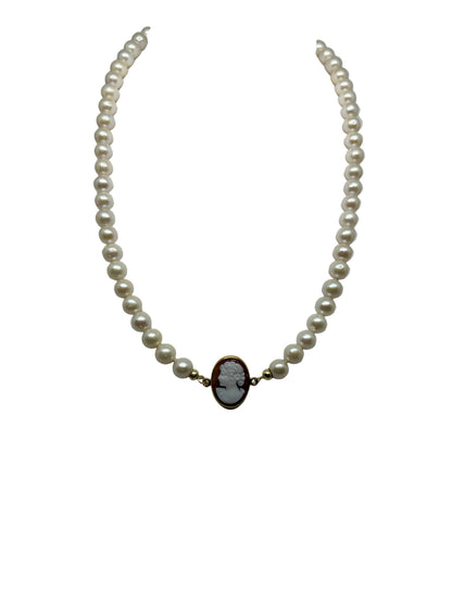 Collana in Perle e Cammeo incisione "Profilo di Donna"