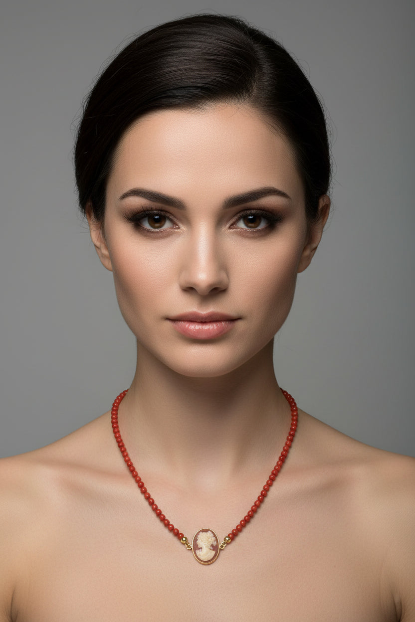 Collana in Corallo e Cammeo incisione "Profilo di Donna"