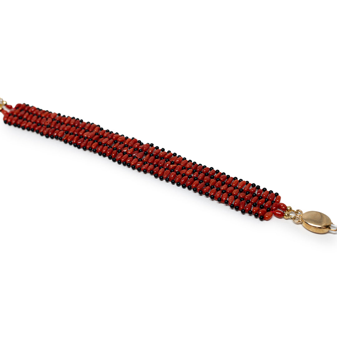 Red Coral and Onyx Fabric Bracelet