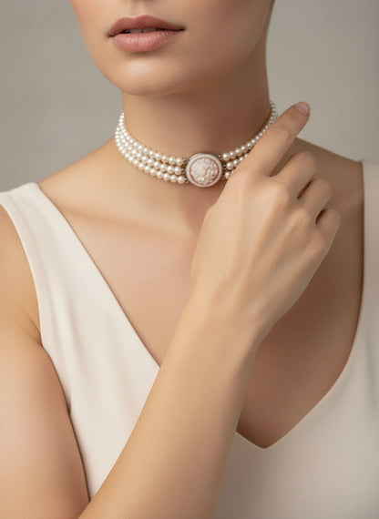 Girocollo in Perle e Cammeo incisone “Fiore”