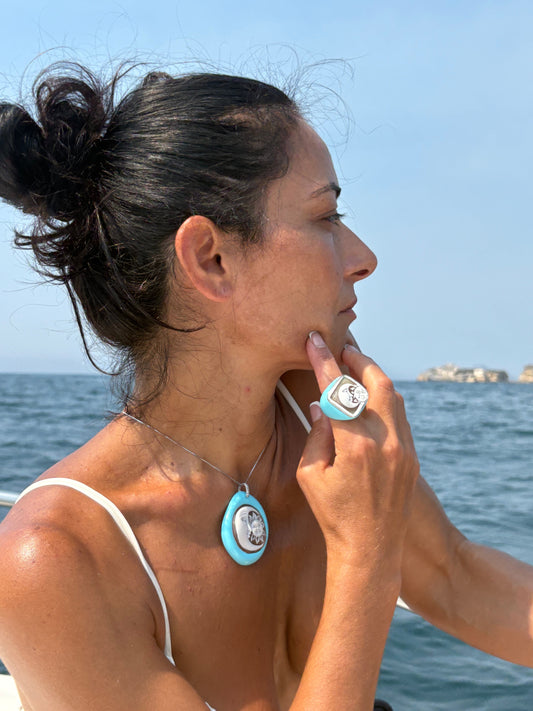 Anello in Cammeo e Pasta di Turchese 'Sole e Luna'