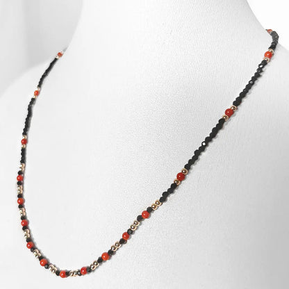 Coral, Black Stones and Silver Necklace