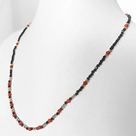 Coral, Black Stones and Silver Necklace