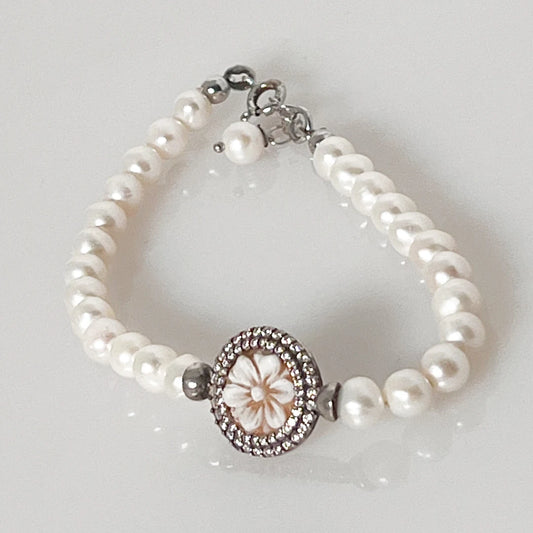 Italian Cameo Pearl Bracelet Flower Cameo