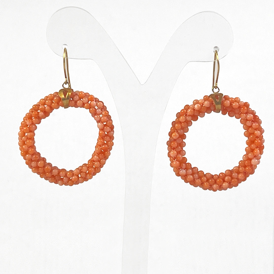 Coral and Gold Woven Hoop Earrings