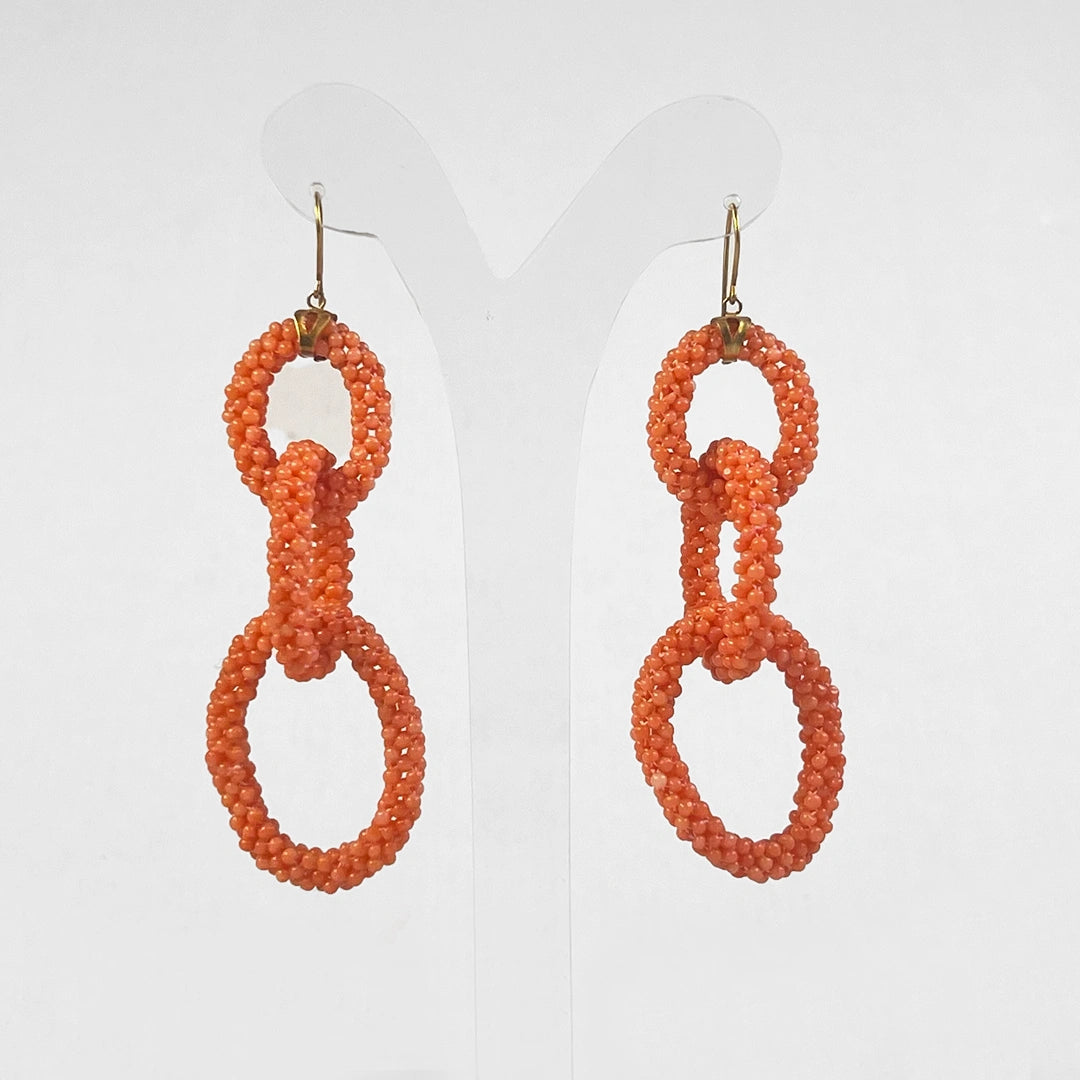 Three Hoop Earrings Coral and Gold Fabric