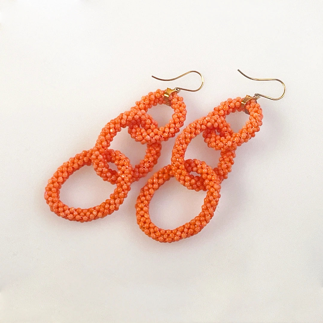 Three Hoop Earrings Coral and Gold Fabric