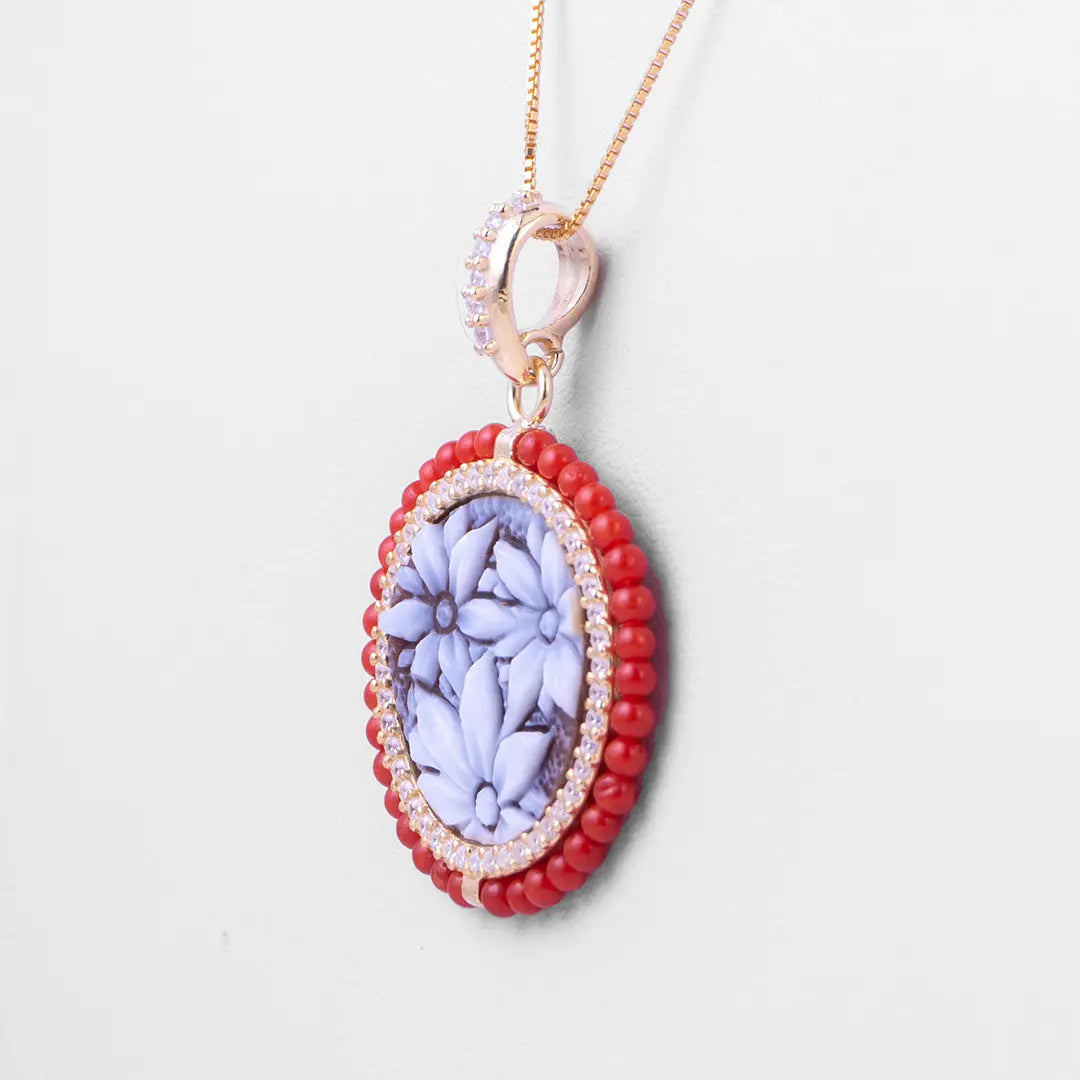 Cameo Pendant Flowers and Red Corals