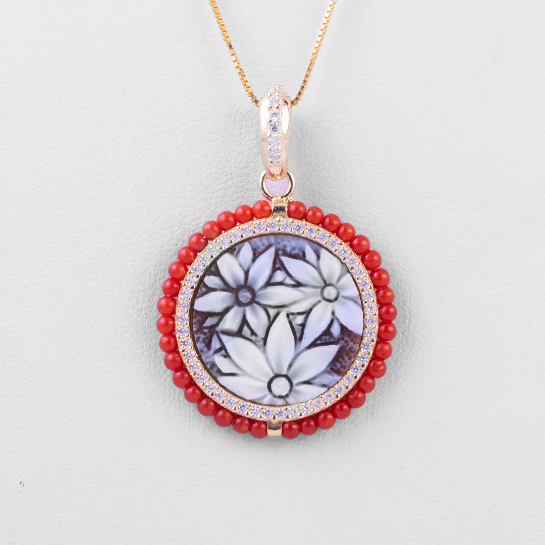 Cameo Pendant Flowers and Red Corals