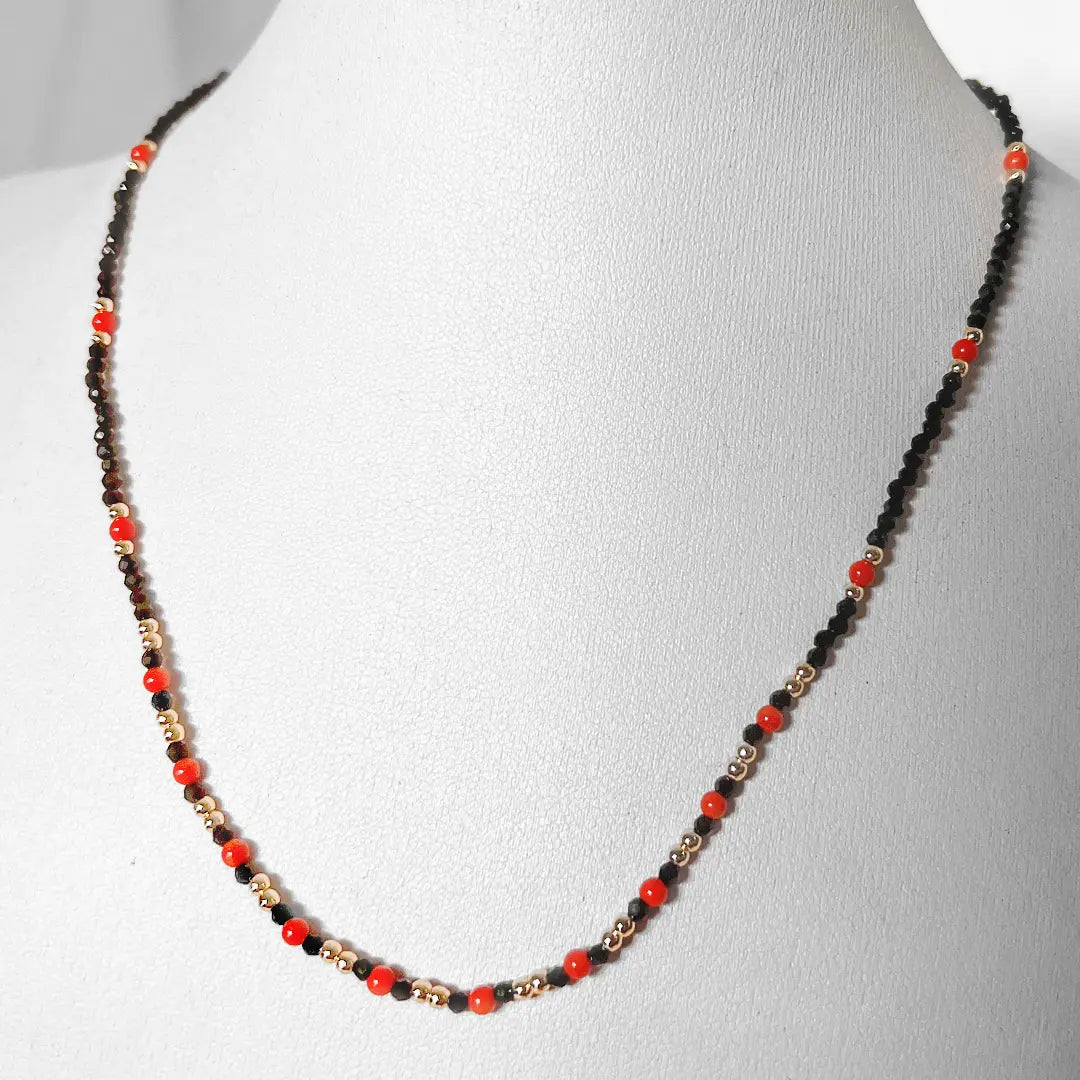 Coral, Black Stones and Silver Necklace
