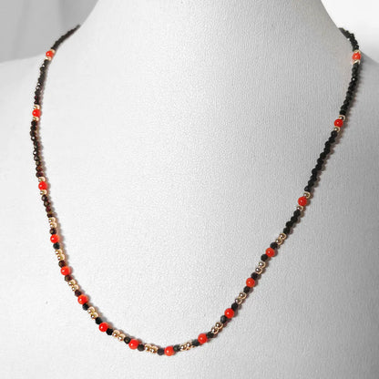 Coral, Black Stones and Silver Necklace