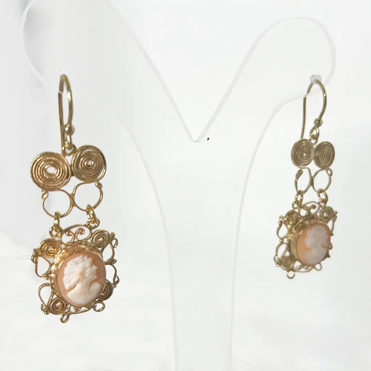 Filigree Silver Earrings with Cameo Woman Face