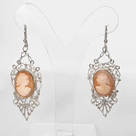 Filigree Silver Earrings with Cameo Profile Woman