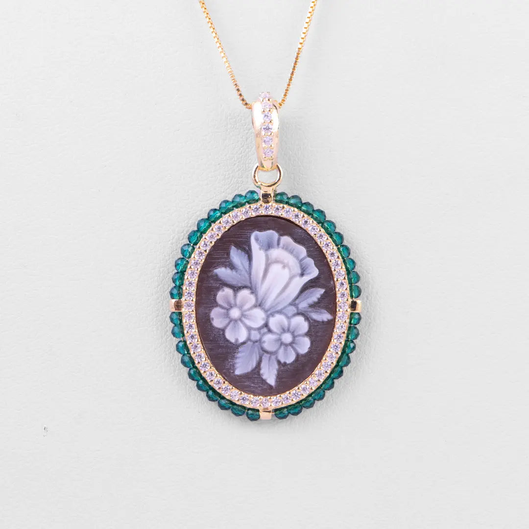 Green Zircon Flowers Cameo Pendant