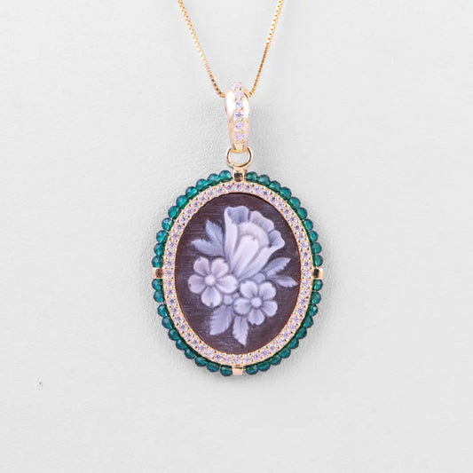 Green Zircon Flowers Cameo Pendant