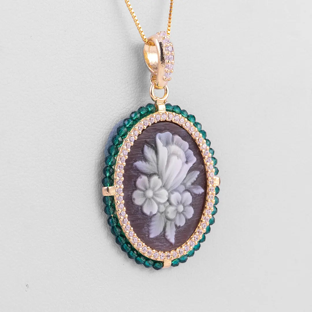 Green Zircon Flowers Cameo Pendant