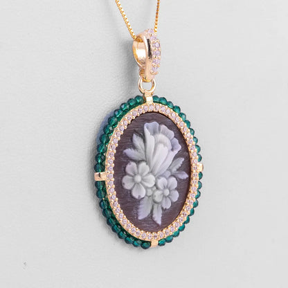 Green Zircon Flowers Cameo Pendant