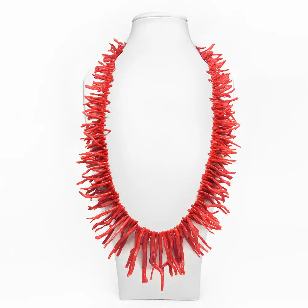 Red Coral Fringed Necklace + Free Earrings