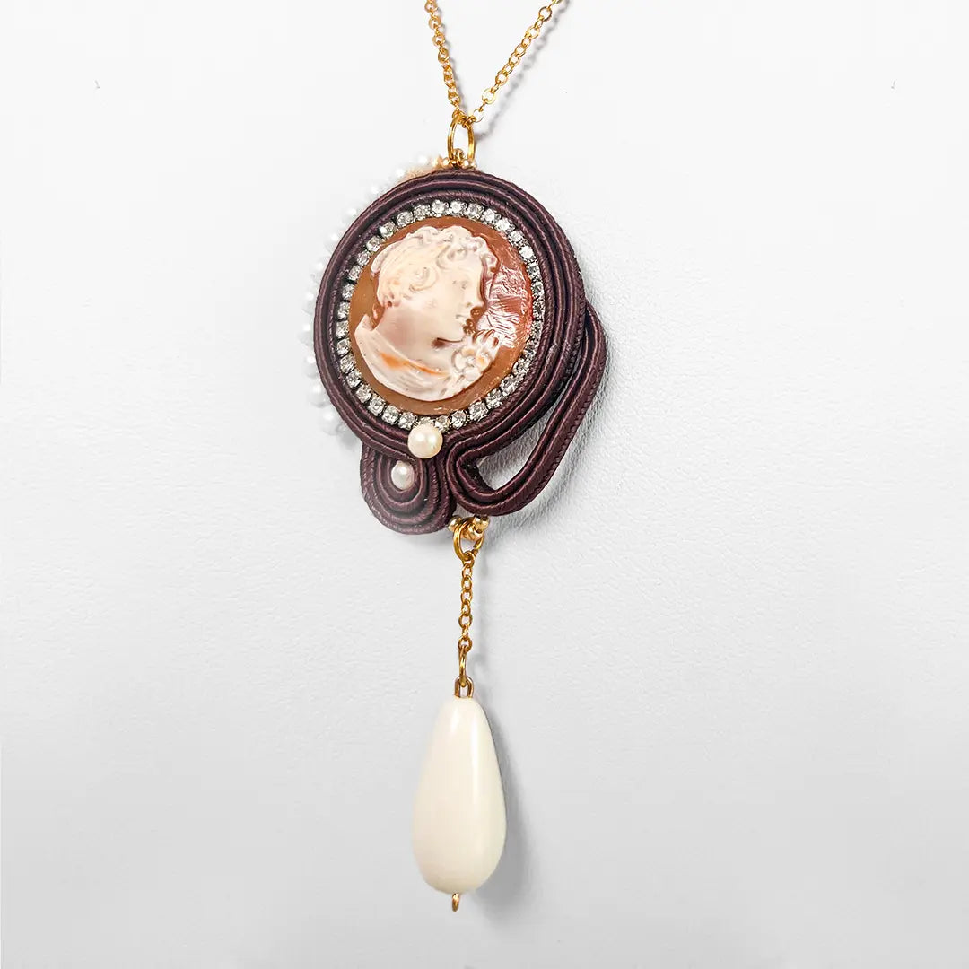 Silver Necklace with Pendant Soutache Profile Woman