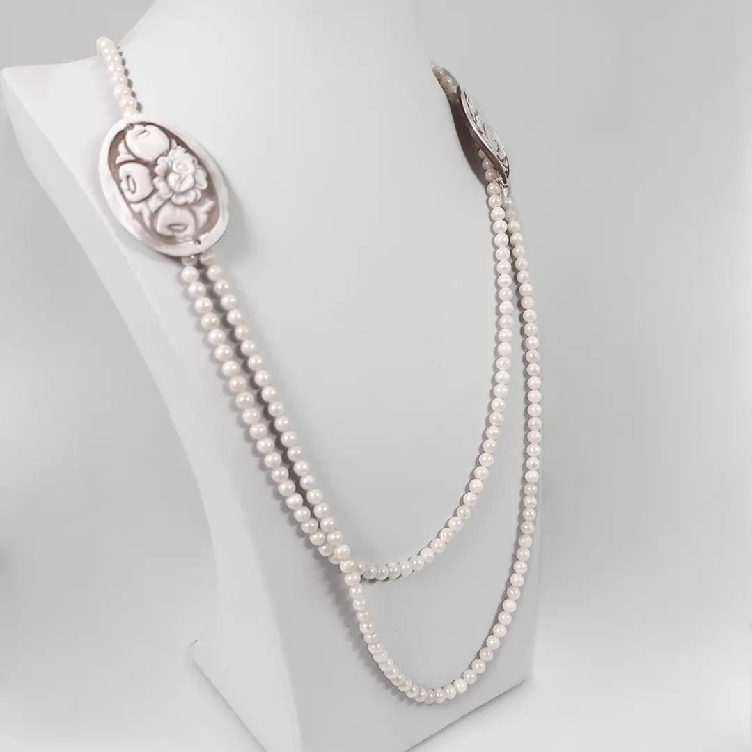 Collana con Perle e Cammeo  con Incisione Fiori