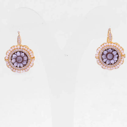 Sunflower Cameo Earrings with Zircons and Beads