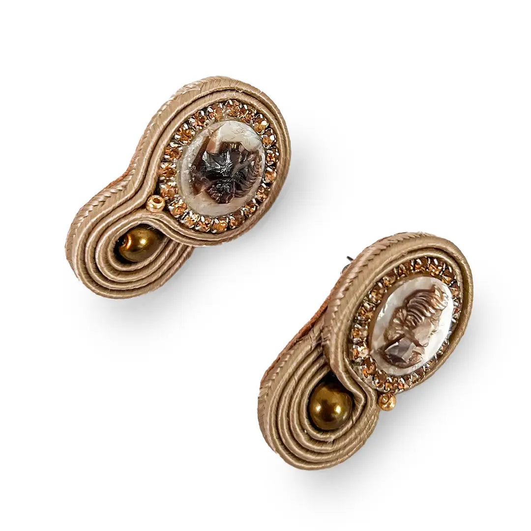 Soutache Earrings with Cameo on Mother of Pearl Profile Woman