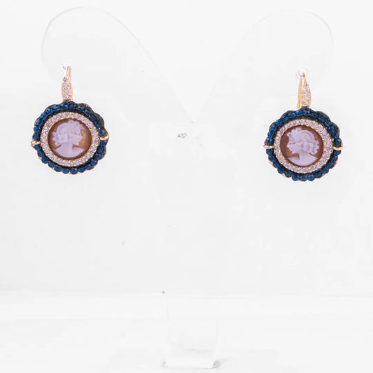 Cameo Earrings with Woman Face and Blue Agate