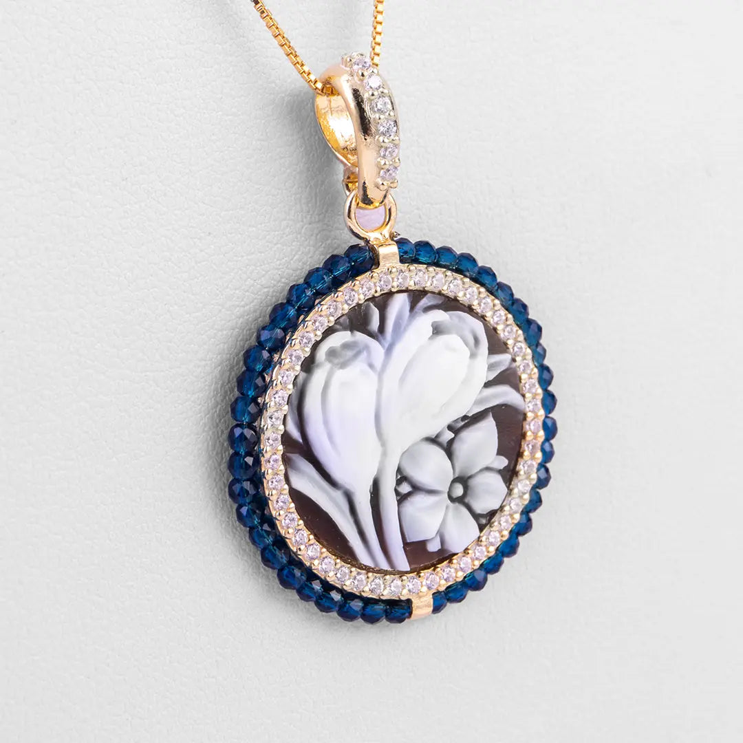 Cameo Pendant Flowers and Blue Zircons
