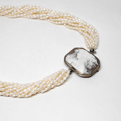 Pearl Necklace with Artistic Cameo Profile Woman