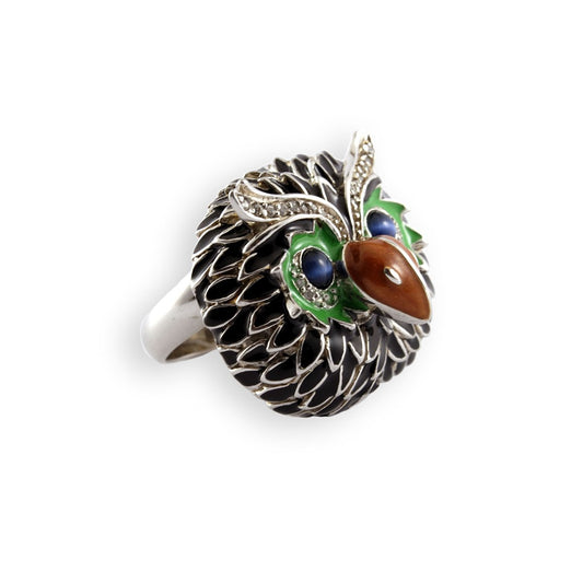 Owl ring entirely in enamelled silver