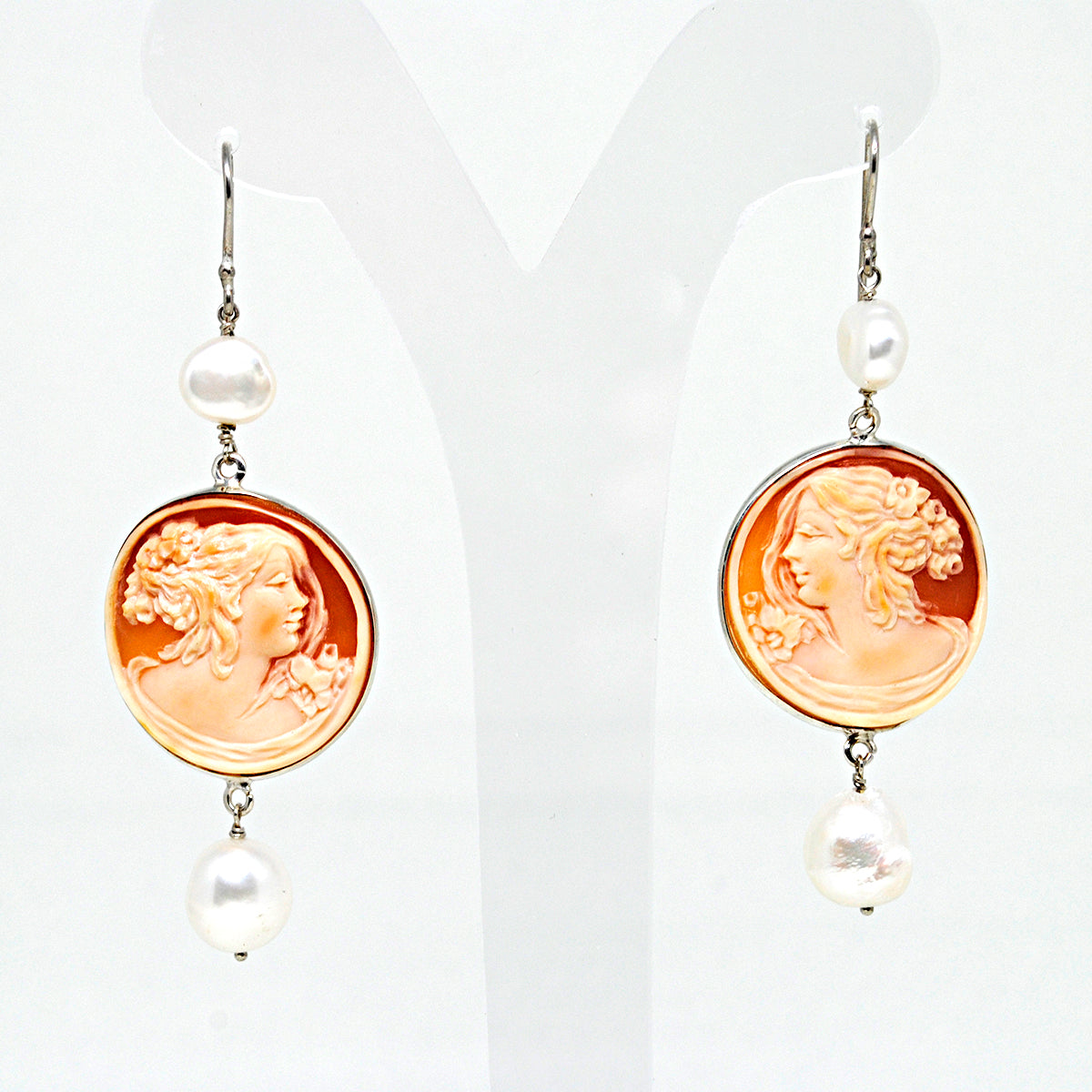 Boucles D'oreilles Pendantes Camée En Fimo Avec Perles Blanches - Fait Main - Rosa Et Bleu