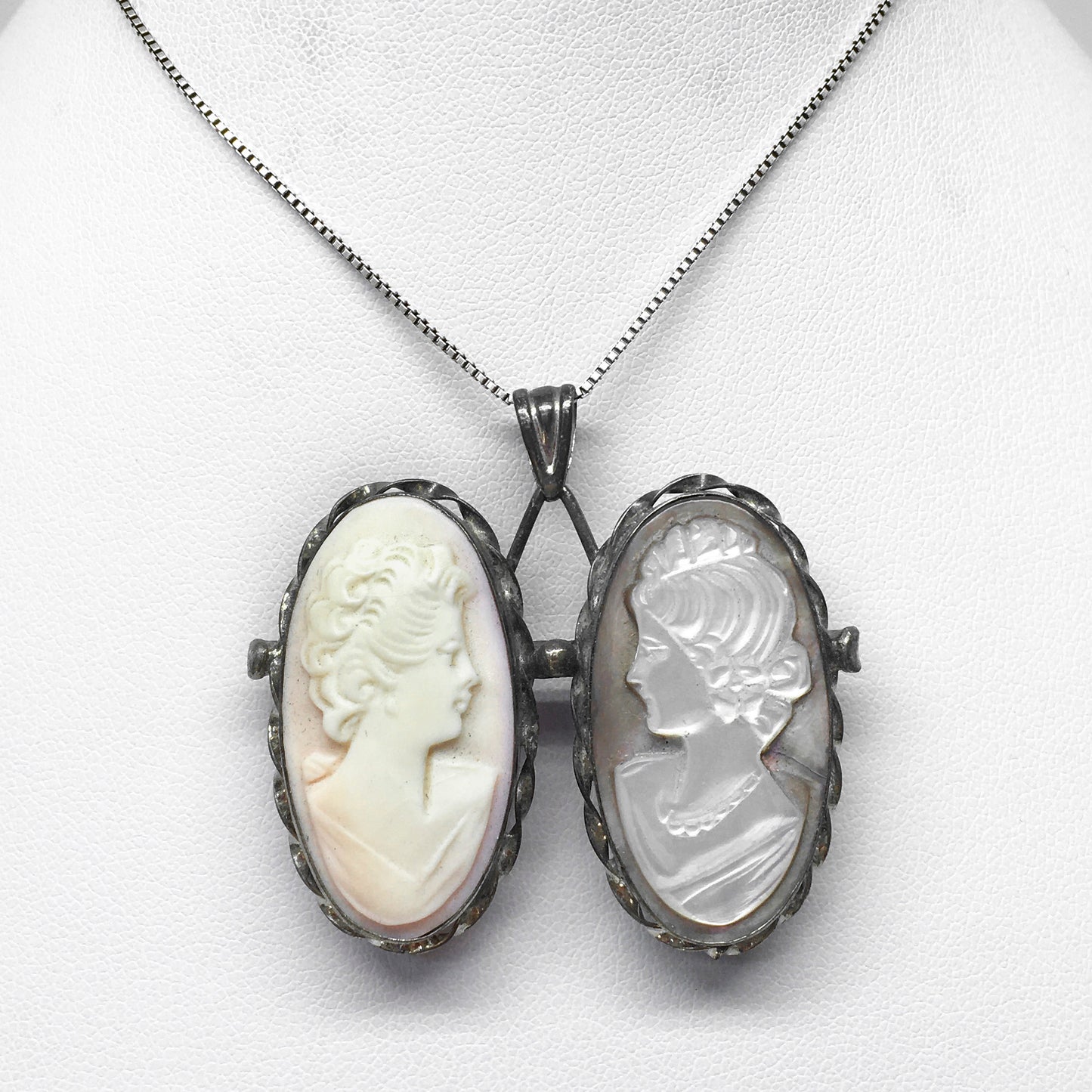 Pendant Brooch Cameo on Mother of Pearl and Pink Shell Woman Profile