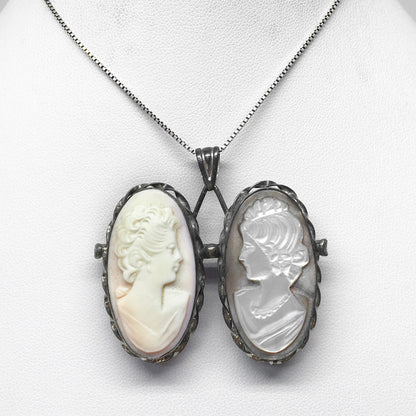 Pendant Brooch Cameo on Mother of Pearl and Pink Shell Woman Profile