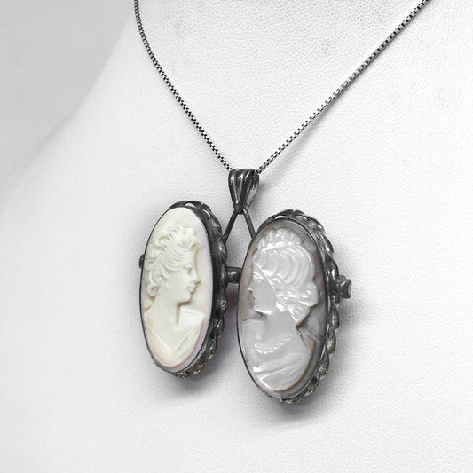 Pendant Brooch Cameo on Mother of Pearl and Pink Shell Woman Profile